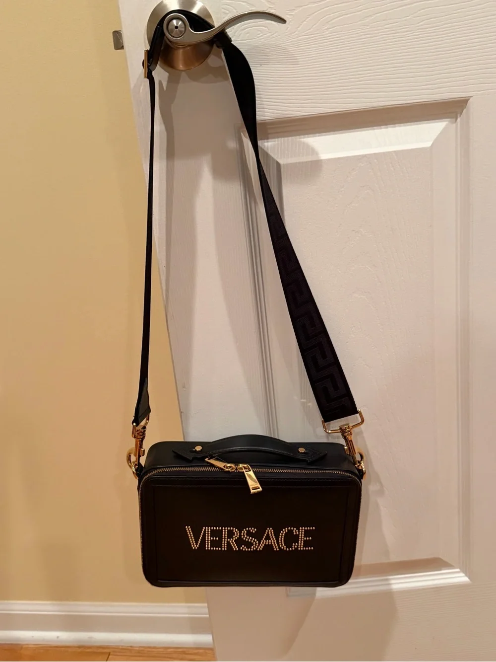 Versace Black Leather Stud Logo Messenger Bag with Gold Hardware
